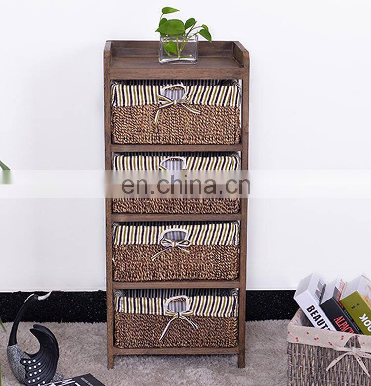 living room furniture set wooden corner cabinet with wickerwork basket
