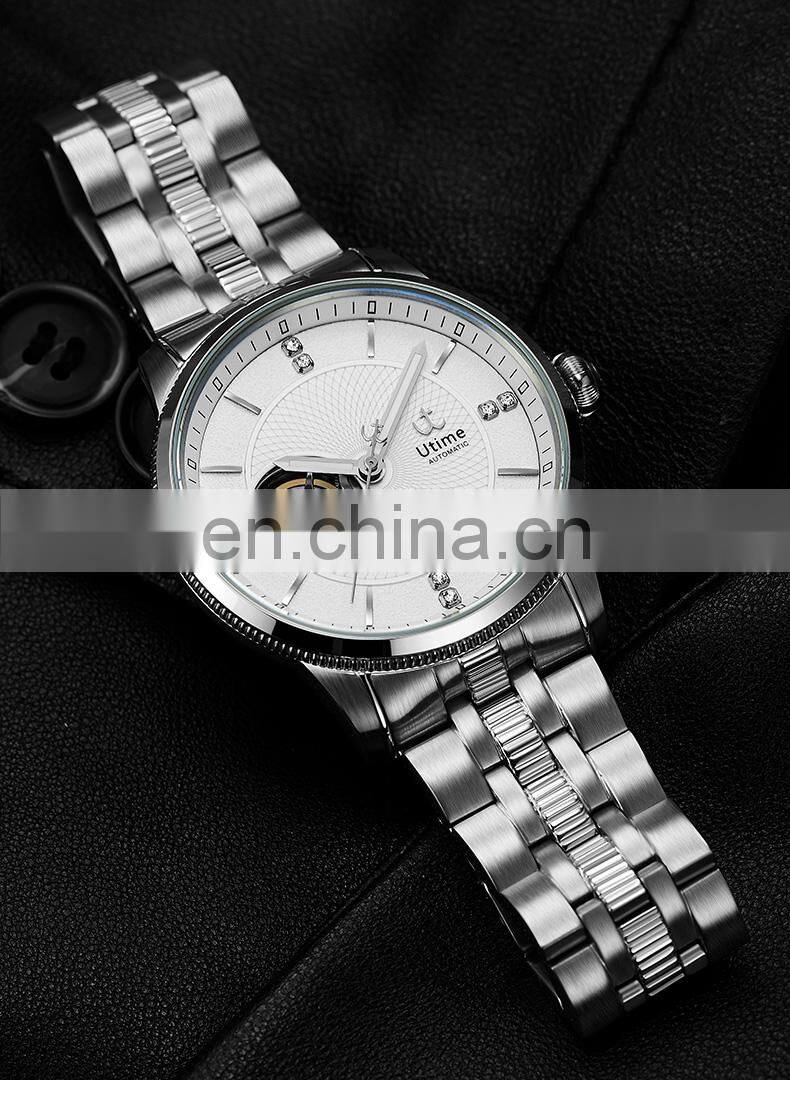 Utime Automatic Men's Watch Visible Mechanical Movement Dazzling Diamond Index Luminous Pointer Japan Automatic Movement U0035G