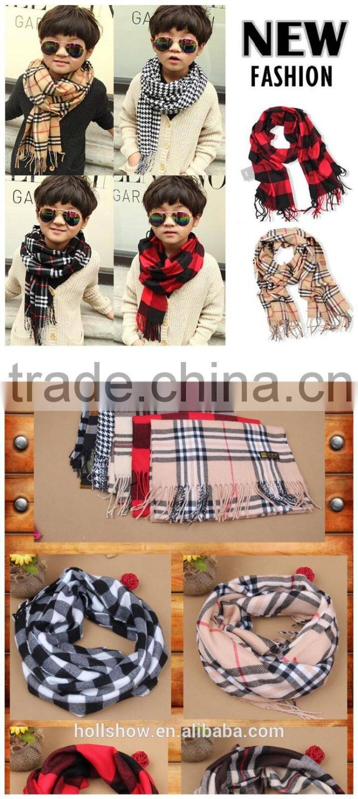 Fashion Classic Baby Boys Girls Autumn Winter Checked Plaid Knitted Scarf With Tassels
