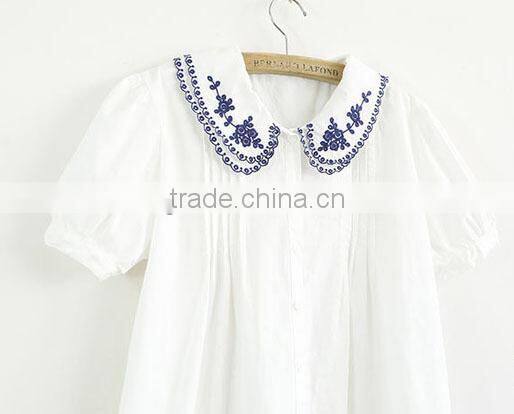 ladies cotton white shirt embroidery two layer collar short sleeve blouse