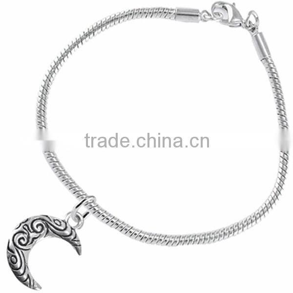 Crescent Moon Charm With Antiqued Swirl Pattern Charm Chain Link Bracelet