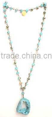 Mint Green Color Hollow Out Druzy Stone Pendant Crystal Beads Chain Necklace
