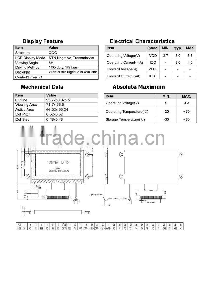 FSTN 128x64 Negative/transmissive COG Module