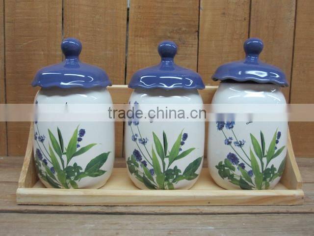 New lavender design ceramic 7pcs coffee canisters set with wood