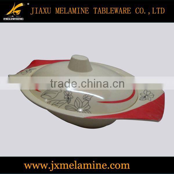 13" tea color oval handle bowl w/lid-melamine ware