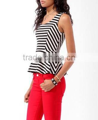 Designer clothing China manufacturer fashion stripes Ruffle hem ,formal office ladies blouses and tops
