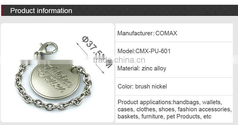 Brush nickel custom solid round metal handbag pendant