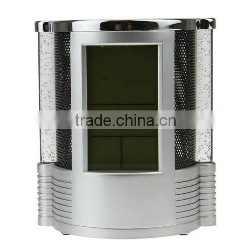 Digital LCD Desk ALarm Clock & Mesh Pen Holder Pens Rulers Office Tidy LED Light