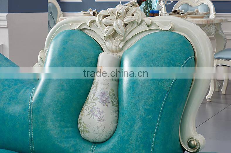 Graceful European style living room furniture solid wood lily carving leather corner sofa set