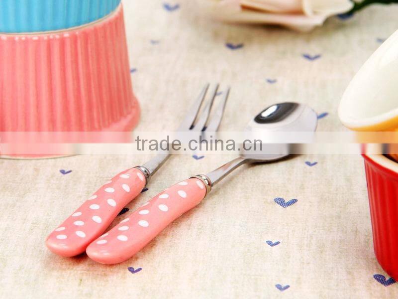 Stainless Steel white polka dot of ceramic handle Zakka spoon and fork