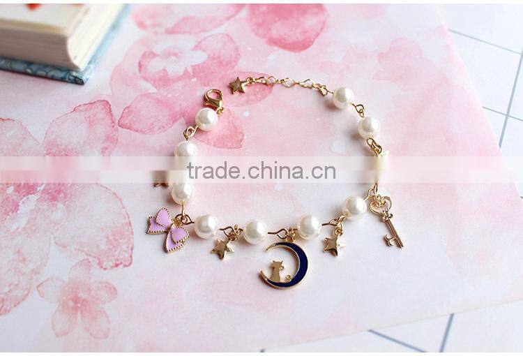 gold cat moon star enamel bowknot heart shape key charms bracelet pearl bead linked bracelet
