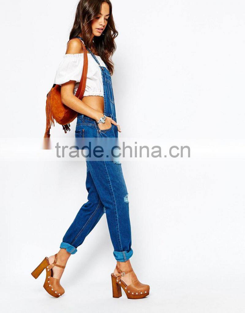 2015 China factory OEM ODM fashionable customized Ripped Overall with Square neckline