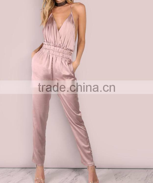 Low back cross back pink satin pictures of sexy girls wearing jumpsuit