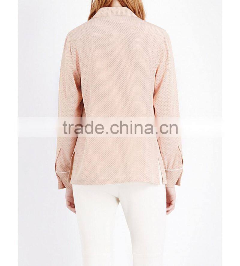 Wholesale Women Newest Collar Long Sleeves Buttoned Cuffs Polka Dot Printed Silk Shirt(DQE0155T)