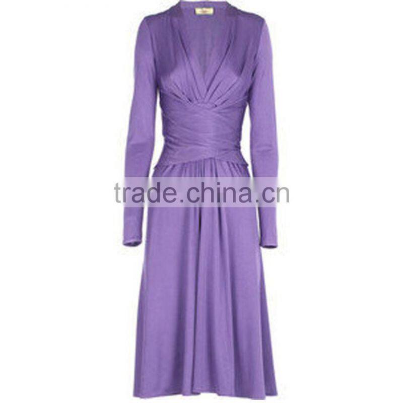 Factory Manufacturer Ladies' Top Fashion Elegant Bandage Purple Long Sleeve Deep V-neck Western Style Dresses