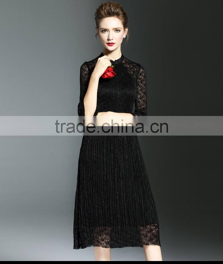 Elegant lady lace hollow out embroidery A-line pleated fold lace dress
