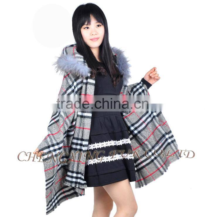 CX-B-P-39 Cheap Genuine Raccoon Fur Trim Pashmina Shawls Wholesale With Hood