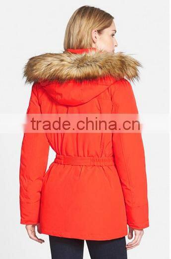 Women's Belted Quilting Padding Long Parka With Detachable Faux Fur Hood
