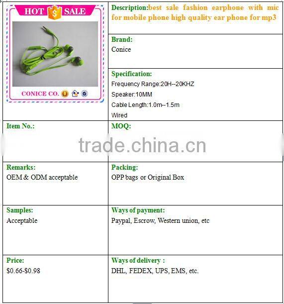 best sale fashion earphone with mic for mobile phone high quality ear phone for mp3