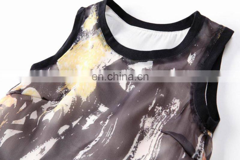 High quality sleeveless print organza dress 2016 mesh panel dress