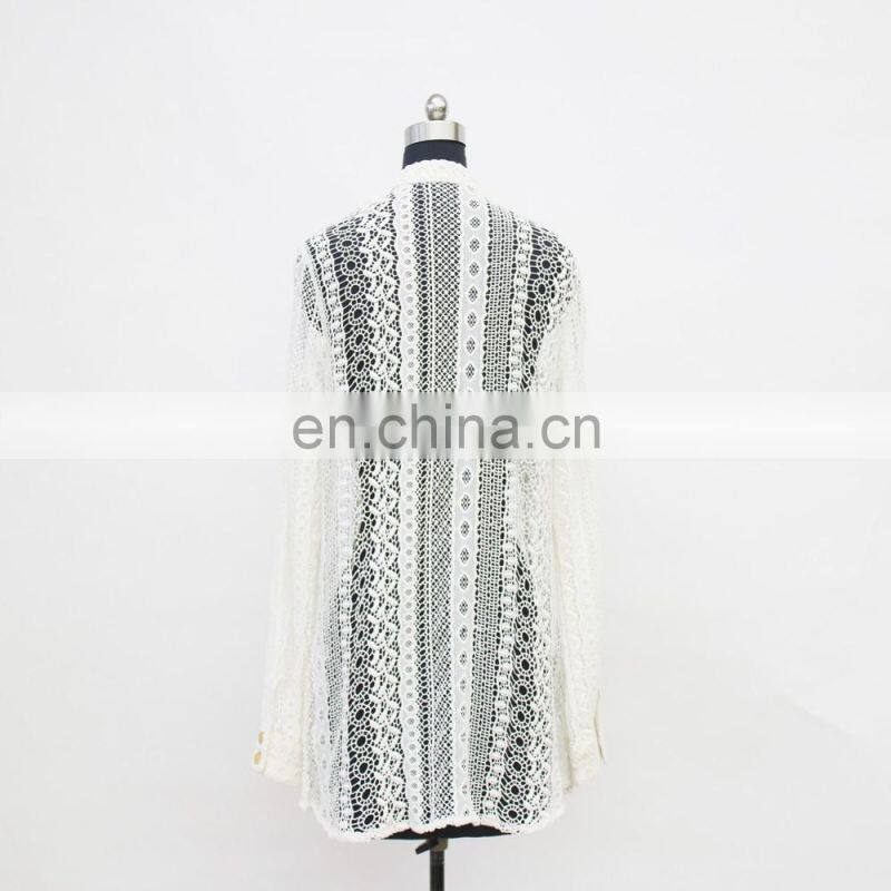 hot exquisite long sleeve button down with fake pocket customerized lace blouse