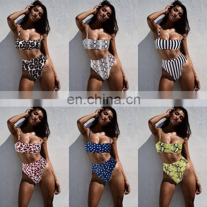 Hot Badpak Bikini Mujer 2019 Leopard Bandeau Bikini High Waist Swimsuit Separate May Neon Swimwear Female Women's Swimming Suit