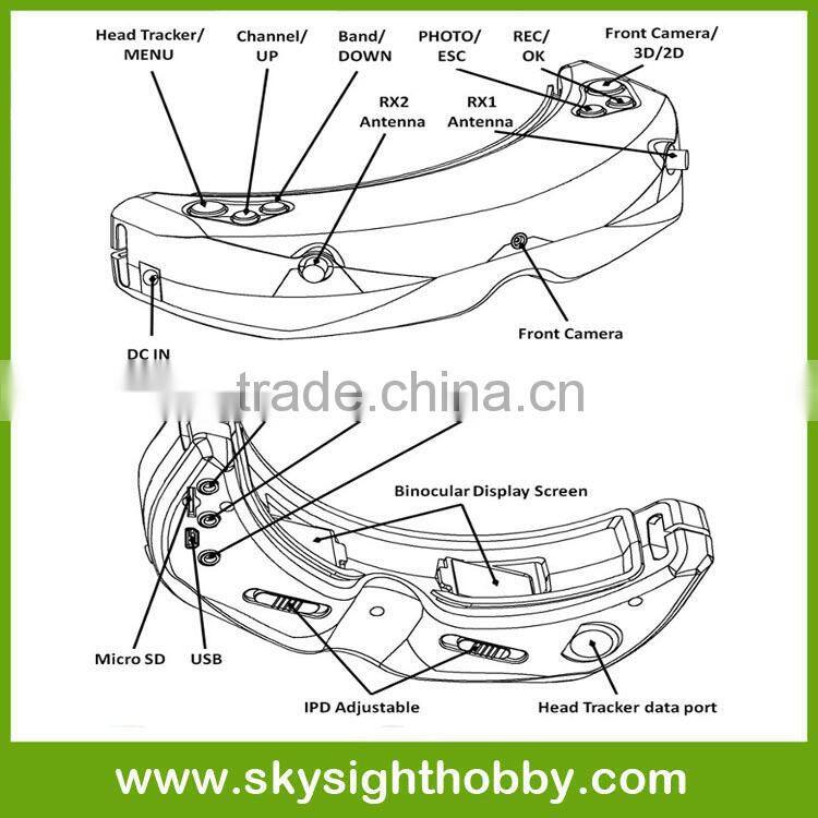 2015 New fpv goggles Skyzone 5.8Ghz 32CH 3D fpv goggles with head tracing/DVR