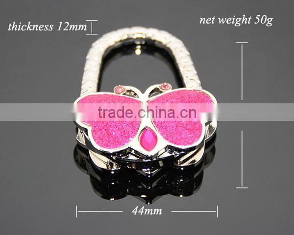 Rose Red Color Shimmering Powder Butterfly Shaped Zinc Alloy Metal Foldable Portable Promotional Bag Hook