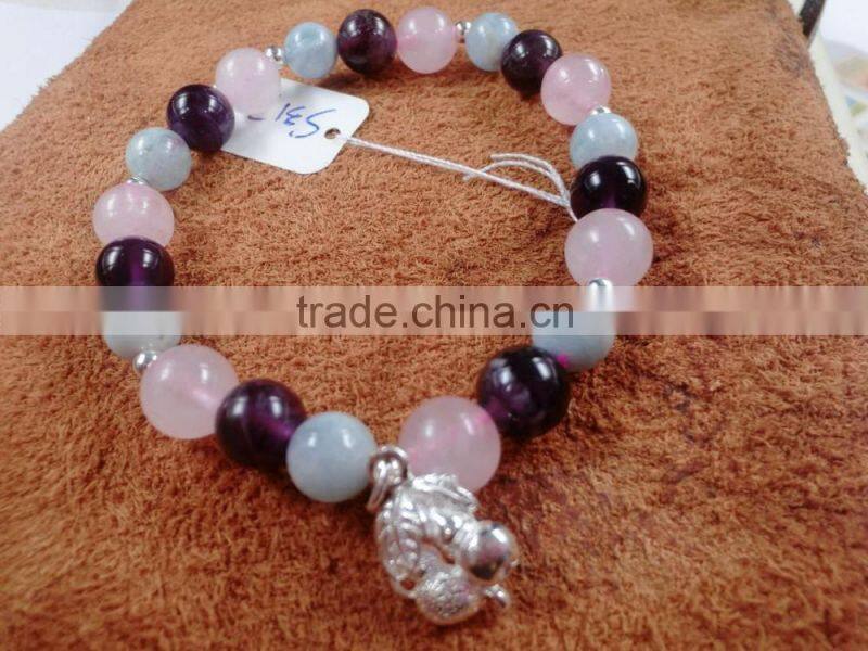 Natural gemstone mixed color rose Quartz crystal and Amethyst and Aquamarine with 925 silver cherry Bracelet