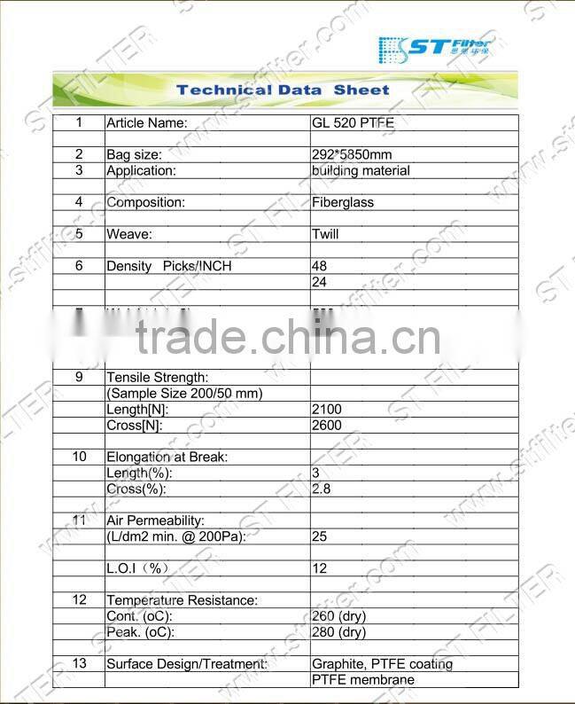 fiberglass with PTFE membrane filter bag,Dia292*4800mm