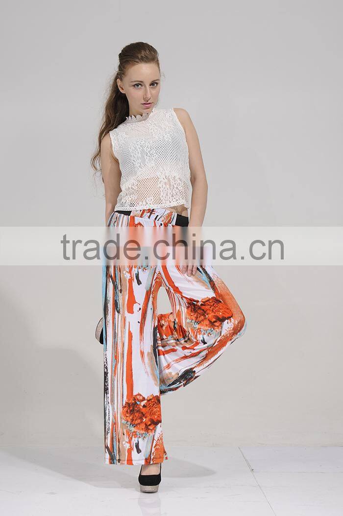 lady's wide leg pants fashion printed elastic waist causual palazzo pants women