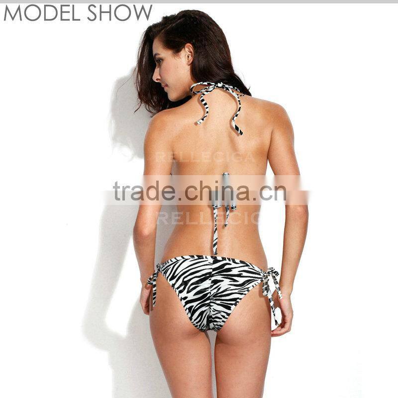 2016 RELLECIGA Zebra Print Push-up Triangle Top Swimwear with Adjustable Halter Strap & Brazilian Cut Scr