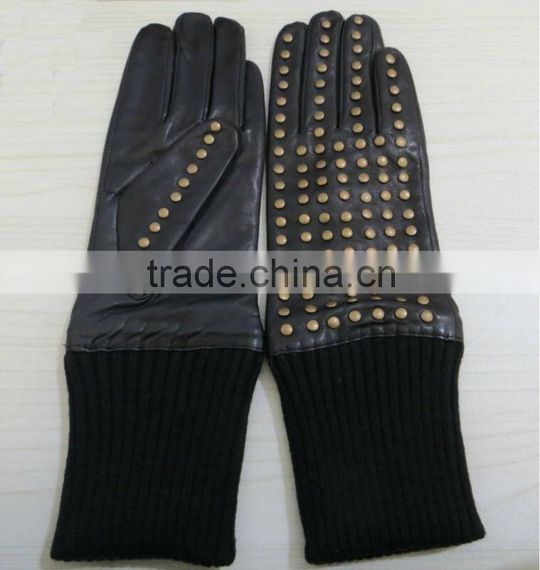 fashion lady long wearing studs leather gloves with elastic cuff