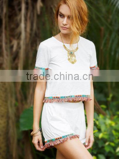 Two-piece-outfits latest fashion design women clothing White Fringe Trim Short Sleeve T-shirt With Shorts