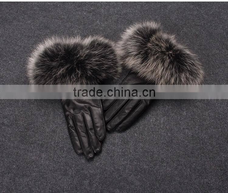 Winter Ladies Sheep Leather Gloves With Beige Fox Fur Cuff