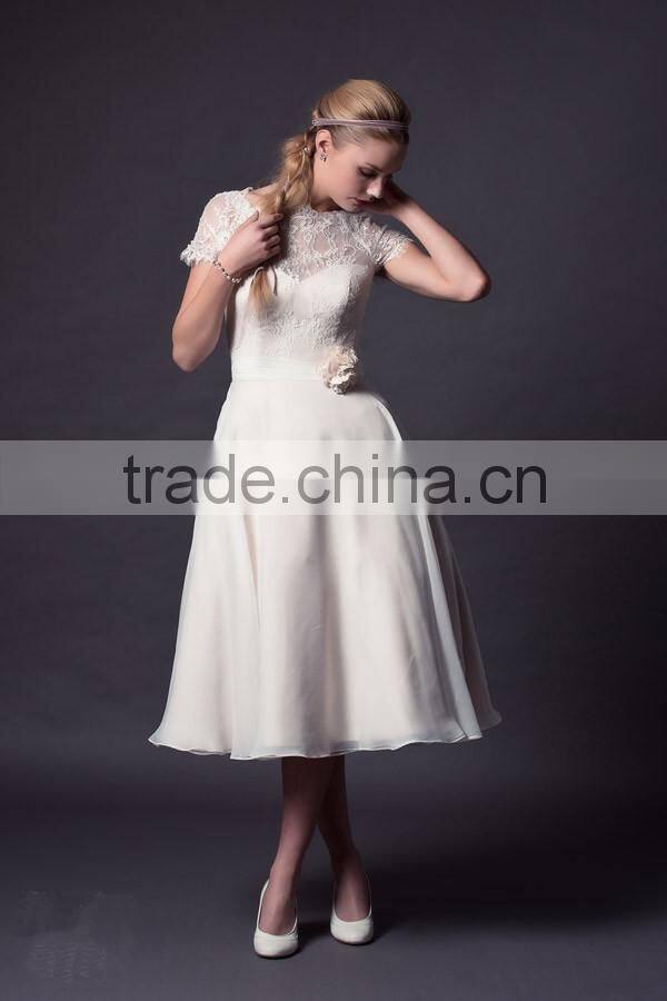 (MY0510) MARRY YOU 2016 Short Wedding Dress Boat Neckline Lace Bodice Chiffon Tea Length Wedding Dresses With Sleeves
