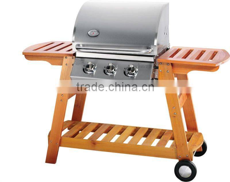 3 Stainless Steel Burners Gas BBQ Grill With Wooden Table CE Approved