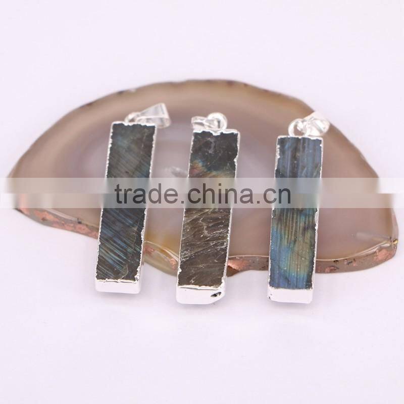 Rectangle Bar Labradorite Pendant, Silver Plated Gem stone Pendant, Rainbow Stone Jewelry