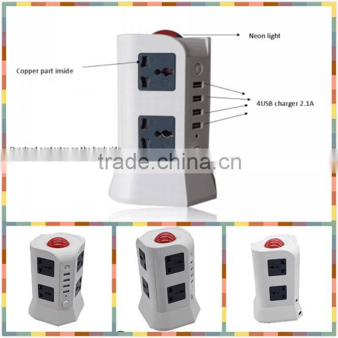 8 way Tower universal outlet 250v ac power extension socket with USB