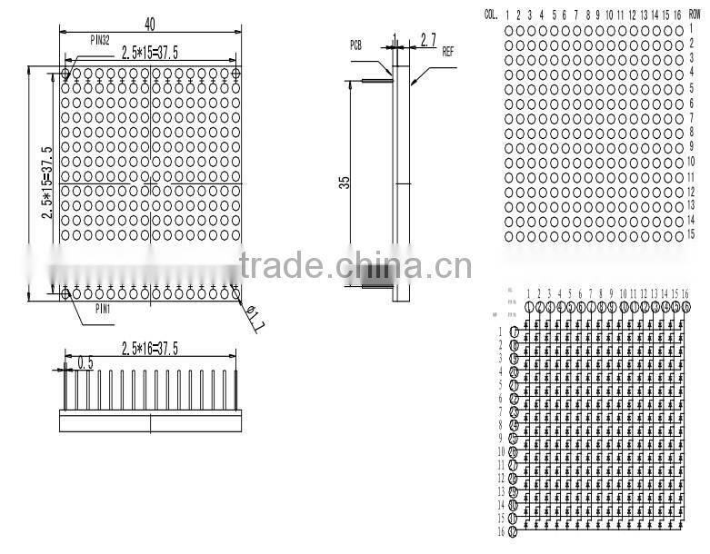 1.5inch black surface 16*16 dot matrix led display with super red color without tooling cost