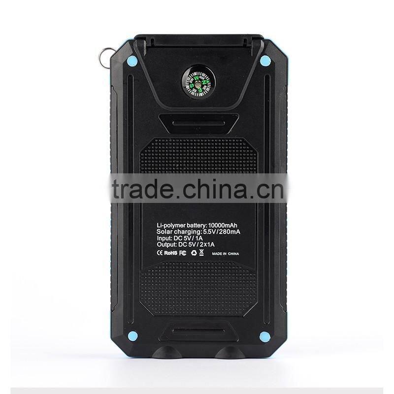 2016 New IP68 waterproof solar power bank charger 10000mah with dual led lamp and compass