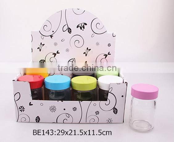12pcs glass spice jar with color metal lid in a display box