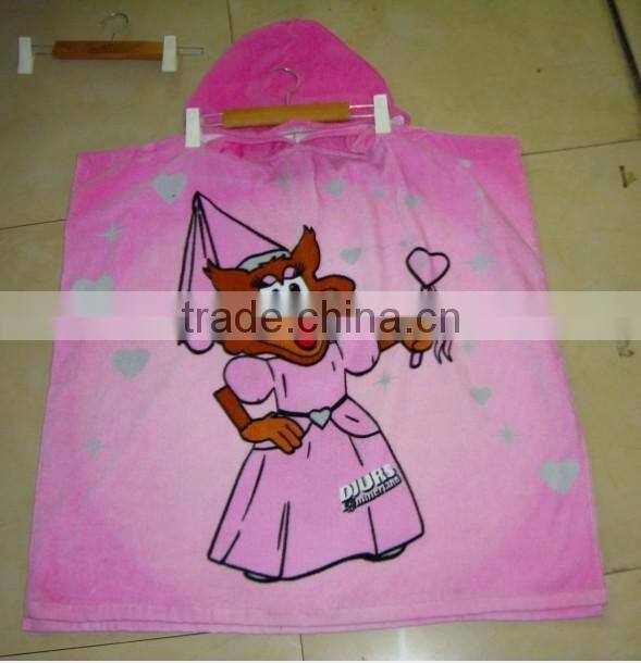 kids poncho towel with hood in cotton velour pink rabbit design
