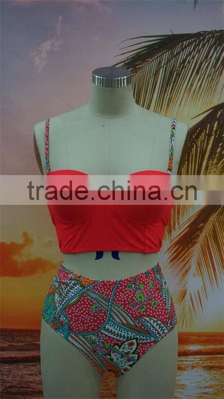 2016 new arrival flower printed retro high waist bikini