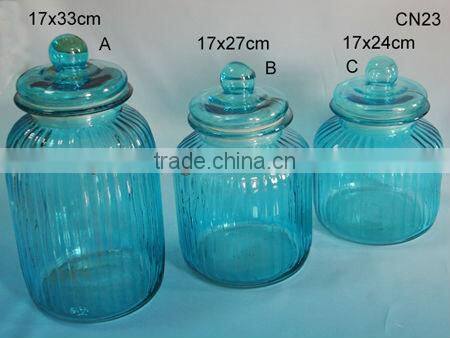 blue cylinder glass storage jar with design with glass lid