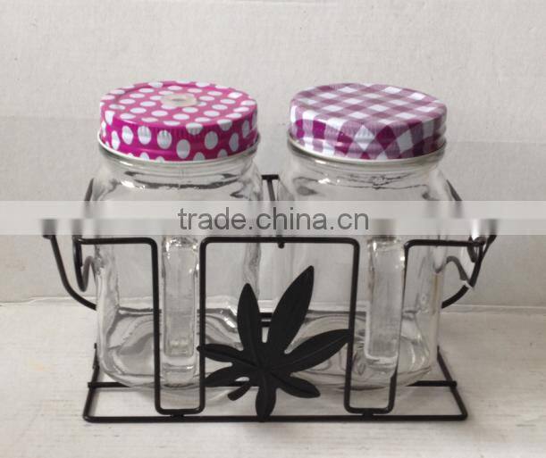 2 pcs glass mason mug cup set with handle and iron stand