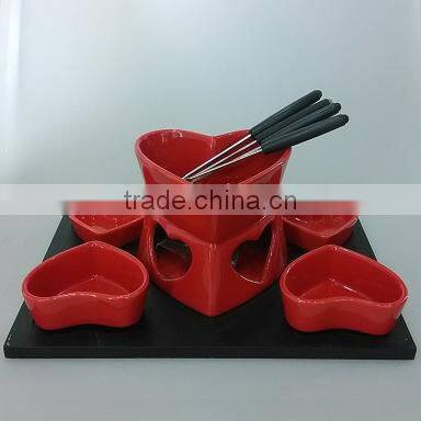 Valantine heart shape promotional ceramic fondue set with serving wood