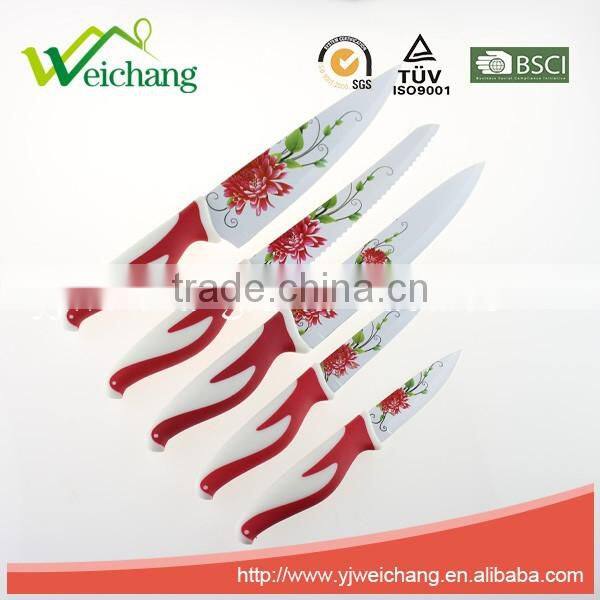 WCE7102 5 pcs set Kitchen Knives colorful non-stick blade rubber with PP handles , hot sale