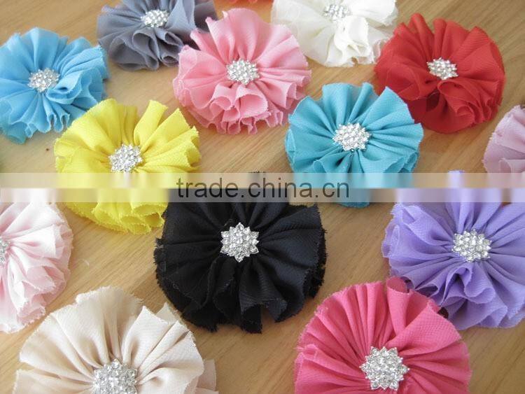 fabric chiffon flower with rhinestone in center for kids hair accessories