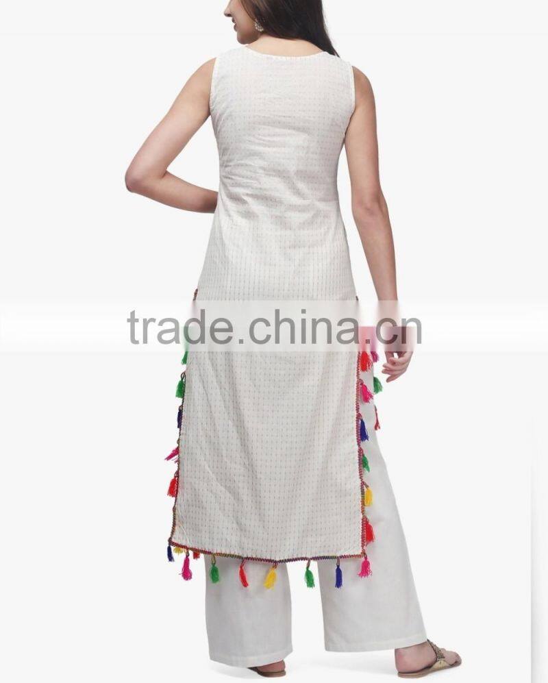 Latest Elegant Off White Printed Sleeveless Pathani Kurta With Pom Pom Trim Designer Long Kurti Designs HSd5016